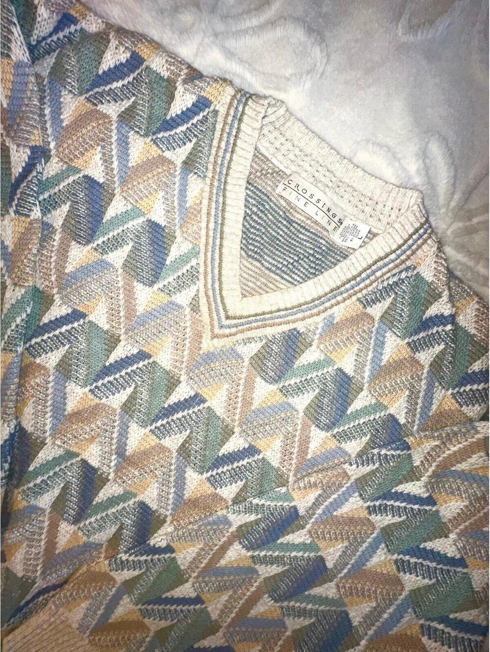 Crossings Fine Line Men's Pullover Knit Sweater Large Multi Geometric cotton/fla